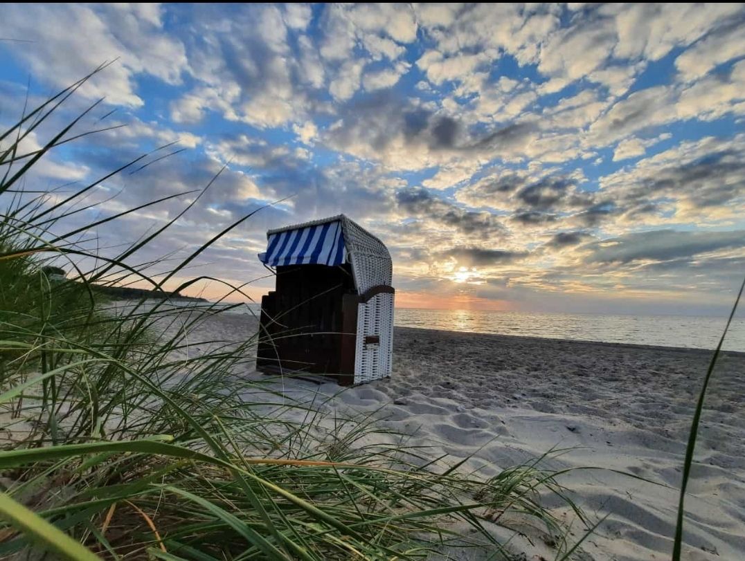Strandkorb am Ostseestrand im Abendlicht